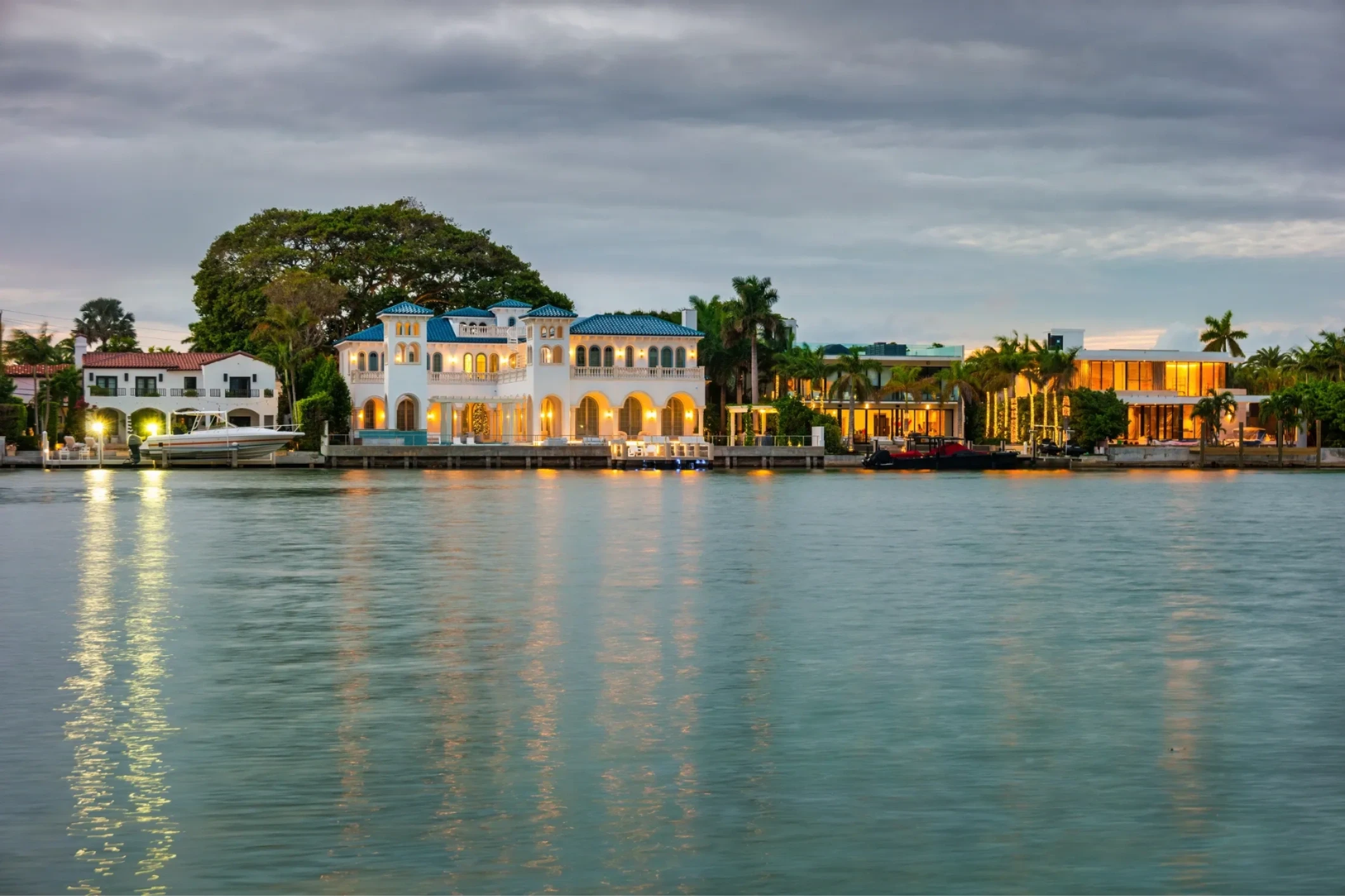 Historic Mediterranean Revival waterfront estate in Miami with private dock and tropical palms